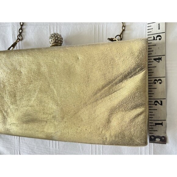 Gold Metal Mesh Evening Clutch Purse Rhinestone Crystal Teardrop Accents Vintage - Picture 5 of 7